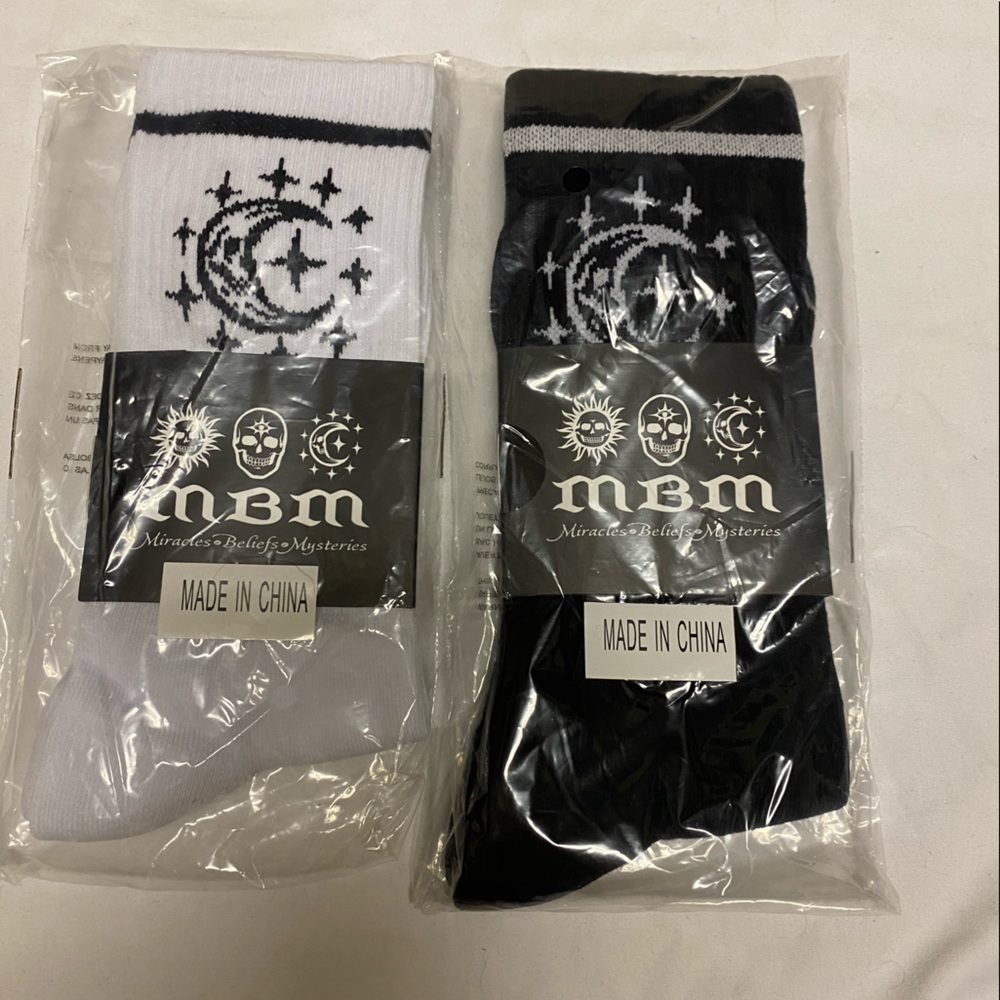 New! mbm “ miracles believes mysteries” black & white pair of moon of socks.